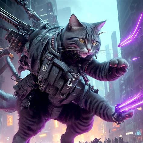 Premium Ai Image A Heroic Cat Cyberpunk Standing In A Alone Strait