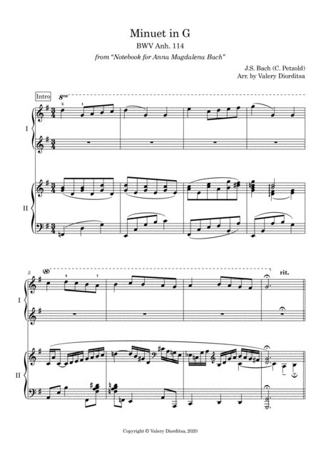 Minuet In G Major Bwv Anh114 Arr Valery Diorditsa By Js Bach Sheet Music For Instrumental