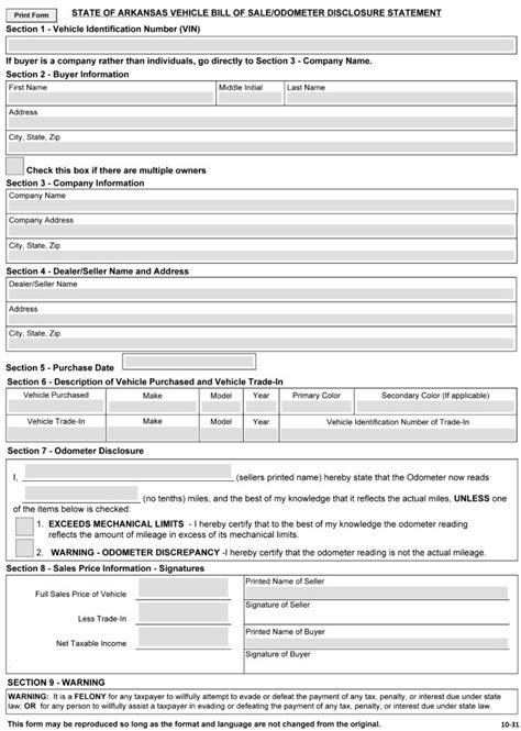 Free Printable Arkansas Motor Vehicle Bill Of Sale For Truck Or Car Pdf