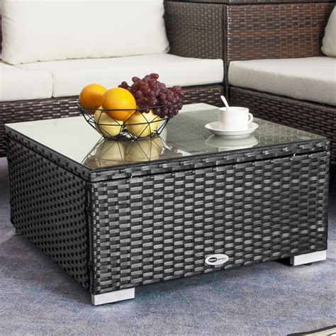 DIMAR GARDEN Outdoor Coffee Table Wicker Patio Side Table with Glass