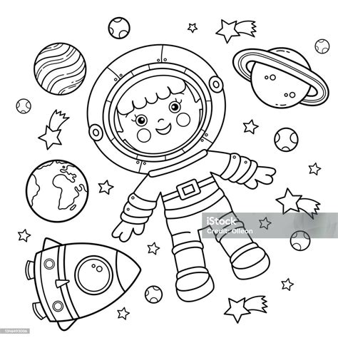 Mewarnai Garis Besar Halaman Seorang Astronot Kartun Dengan Roket Di Luar Angkasa Spaceman Kecil ...