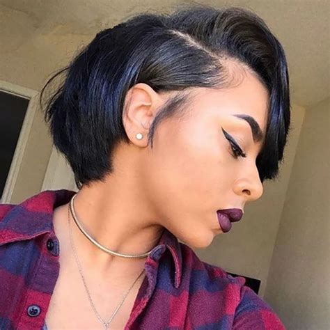 Natural Black 13x1 T Lace Side Part Straight Short Pixie Cut Bob Wigs