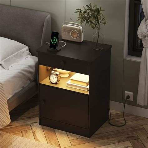 Adorneve Nightstand With Led Light And Charging Station Modern Bedside