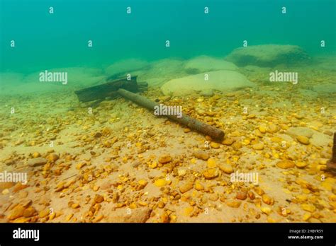 Shipwreck Remains Of An Old Wooden Steamer In Lake Superior Stock Photo