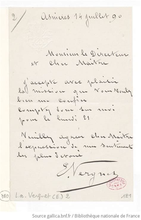 Lettre de Edmond Vergnet à Monsieur le Directeur 14 juillet 1890