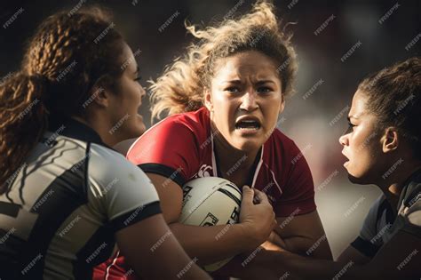 Premium AI Image | Female rugby players competing on the rugby field in ...