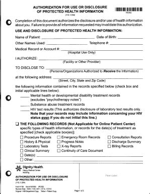 Fillable Online Dignityhealth Completion Of This Document Authorizes