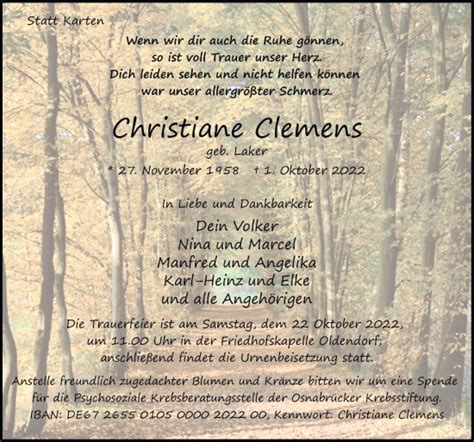 Traueranzeigen Von Christiane Clemens Noz Trauerportal