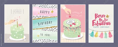 Set of lovely birthday cards design with cakes, party decorations and ...