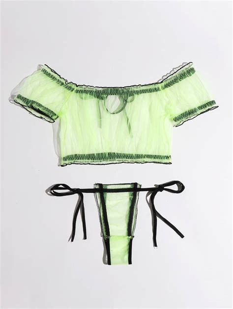 Sheer Mesh Tie Side Thong Lingerie Set Shein Usa