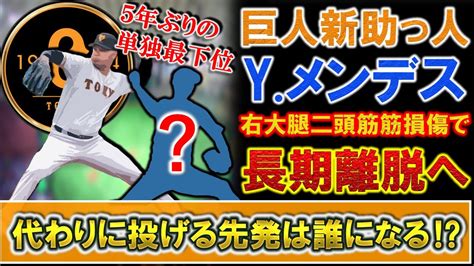 巨人新助っ人先発『yメンデス』が右大腿二頭筋筋損傷で長期離脱へ 5年ぶり単独最下位から抜け出すため代わりに投げる先発は誰になる