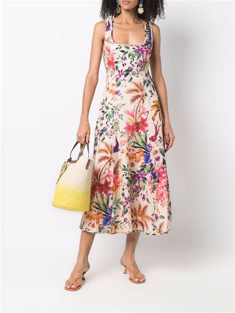 Zimmermann Tropicana Floral Print Cutout Linen Midi Dress In Multicolor