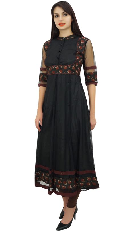 Phagun Womens Black Tunic Net Long Anarkali Kurta Ethnic Kurti Wsa Ebay