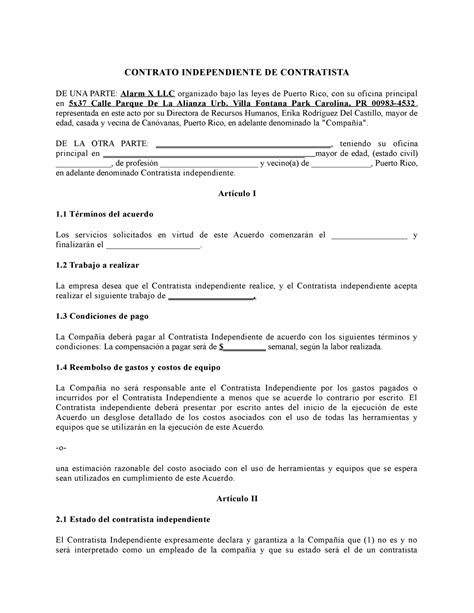 Contrato De Contratista Independiente Contrato Independiente De Contratista De Una Parte