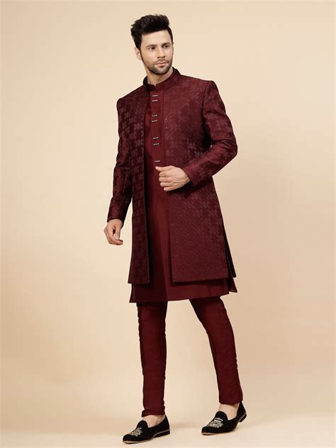 Rent Maroon Threaded Overjacket Sherwani Candidmen