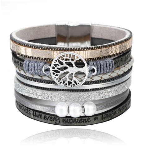 Grijze Dames Armband Ibiza Stijl Met Kralen En Levensboom