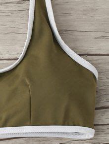 Off Contrast Piping Padded Bralette Bikini Set In Olive