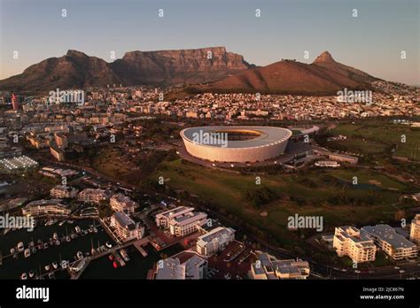 Cape Town Stadium Table Mountain And Lions Head Sunset Aerial Drone