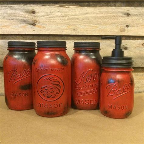 Rustic Red Mason Jar Canister Set With Soap Dispenser Rustic Mason Jar