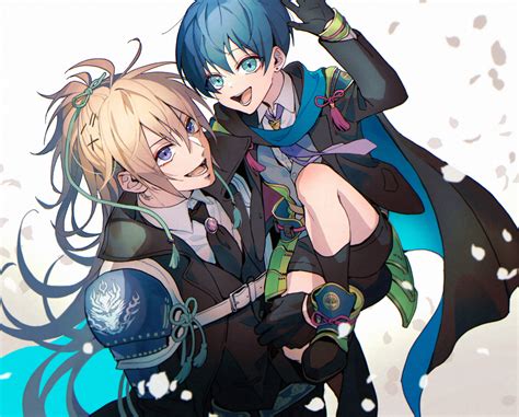 2boys Multiple Boys Blue Eyes Male Focus Gloves Shoulder Armor Smile Illustration Images