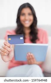 Happy Cute Brunette Sitting On Couch Stock Photo Shutterstock