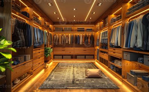 Luxury walk-in closet in modern house. A modern wooden wardrobe with ...