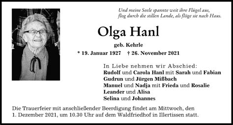 Traueranzeigen von Olga Hanl Allgäuer Zeitung