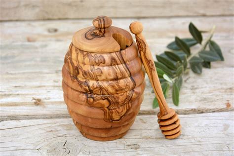 Bee Hive Shape Honey Jar Olive Wood Honey Pot Wooden Honey Etsy