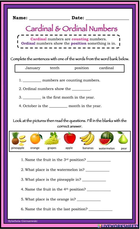 The Cardinal And Ordina Numbers Worksheet Is Shown In This Image Which