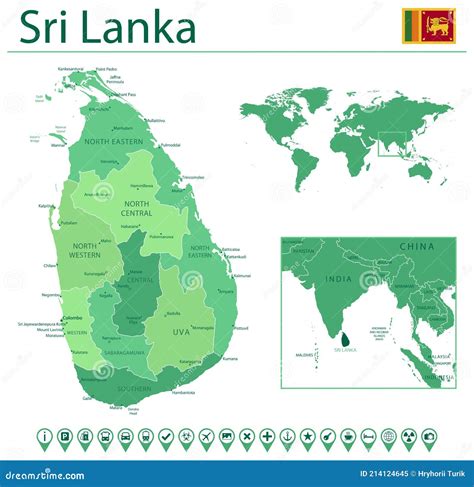 Sri Lanka Detailed Map And Flag Sri Lanka On World Map Stock Vector