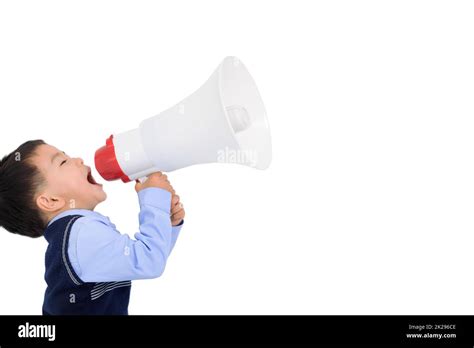 Happy Little Boy Scream In Megaphone Stock Photo Alamy