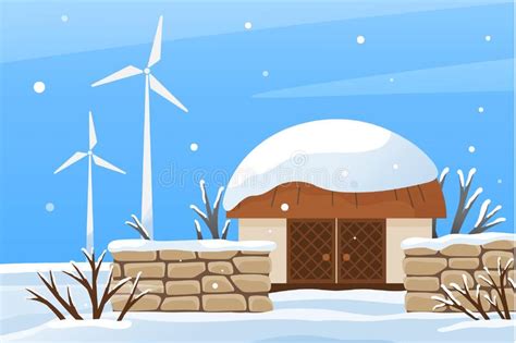 Winter Farm Landscape With Wind Turbines Renewable Energy Sources