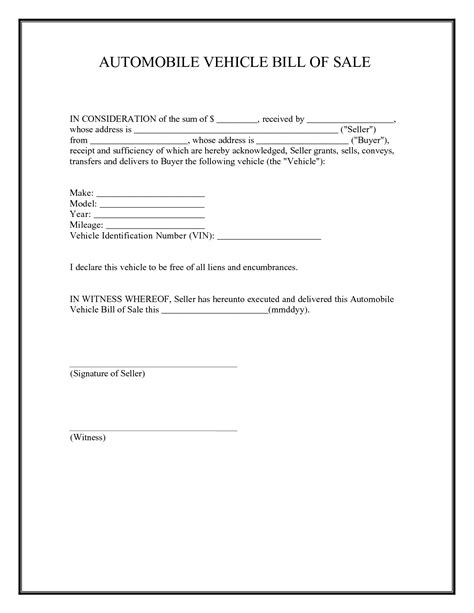 Vehicle Bill Of Sale Free Printable Documents