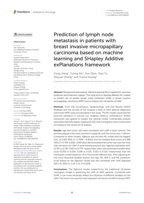 Pdf Prediction Of Lymph Node Metastasis In Patients With Breast