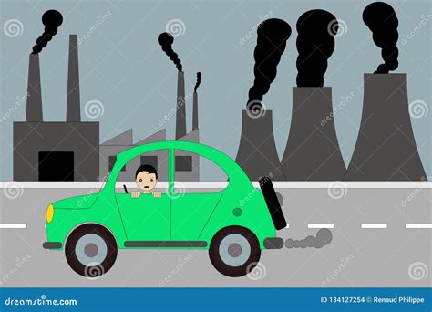 Pollution Air By Cars Vector Illustration Cities Road Smog Factories And Industrial Smoke