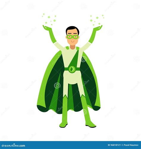 Ecological Green Superhero Man Standing With His Hands Up Eco Concept