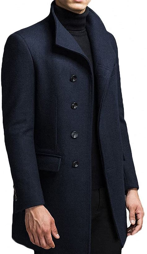 Fashinty Mens Classical France Style Stand Collar Warm Wool Coat