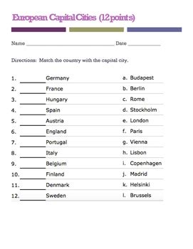 European Capitals quiz (Matching) by Curtis Sensei | TpT