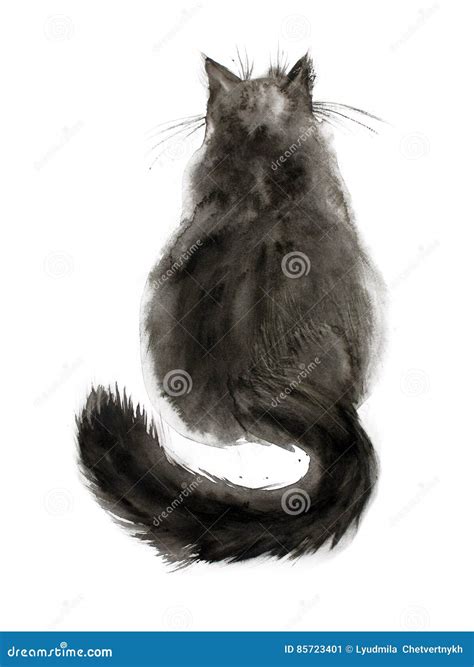 Watercolor Black Cat Stock Vector Illustration Of Fluffy