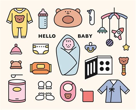 Collection Of Cute Baby And Baby Items Icons Flat Design Style Vector