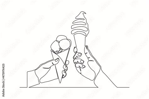 Continuous Line Drawing Two Hand Hold And Cheers Delicious Fresh Of Ice Cream Cone Single One