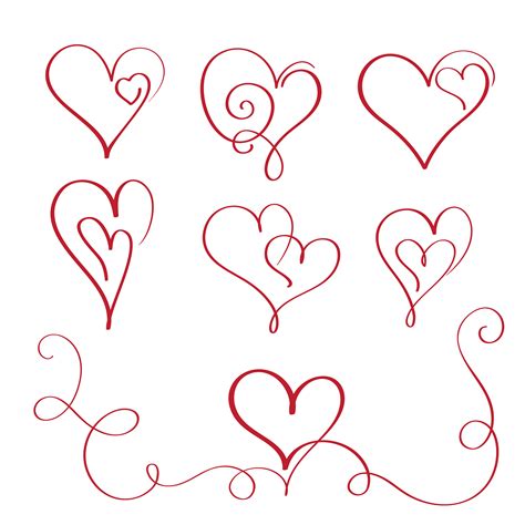 Set Of Red Flourish Calligraphy Vintage Hearts Illustration Vector