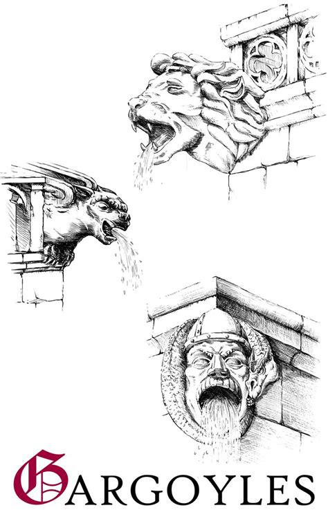 Two Drawings Of Gargoyles One With An Open Mouth And The Other With A