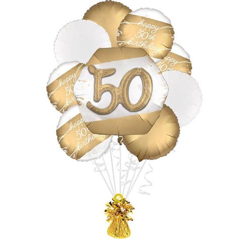 Golden Age 50th Birthday Foil Balloon Bouquet With Balloon Weight 10pc