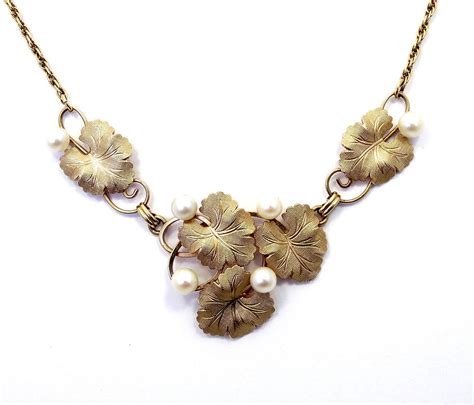 Vintage Van Dell 14k Gold Ginko Leaf Akoya Pearl Collar Necklace 1575