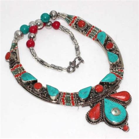 127gms Tibetan Turquoise Red Coral Nepali Tribal Necklace 16 GW EBay