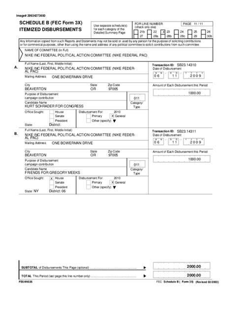 Fillable Online ITEMIZED DISBURSEMENTS SCHEDULE B FEC Form 3X Fax