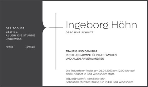 Traueranzeigen Von Ingeborg H Hn Trauer Flz De