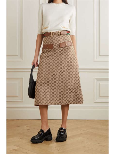 Gucci Belted Leather Trimmed Cotton Blend Canvas Jacquard Midi Skirt