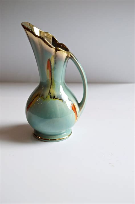 Vintage West Germany Pottery Turquoise Drip Glaze Pitcher Continental